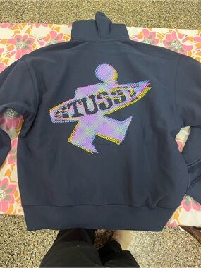 Brand New Stussy Navy Crewneck with Iridescent Multicolor Logo